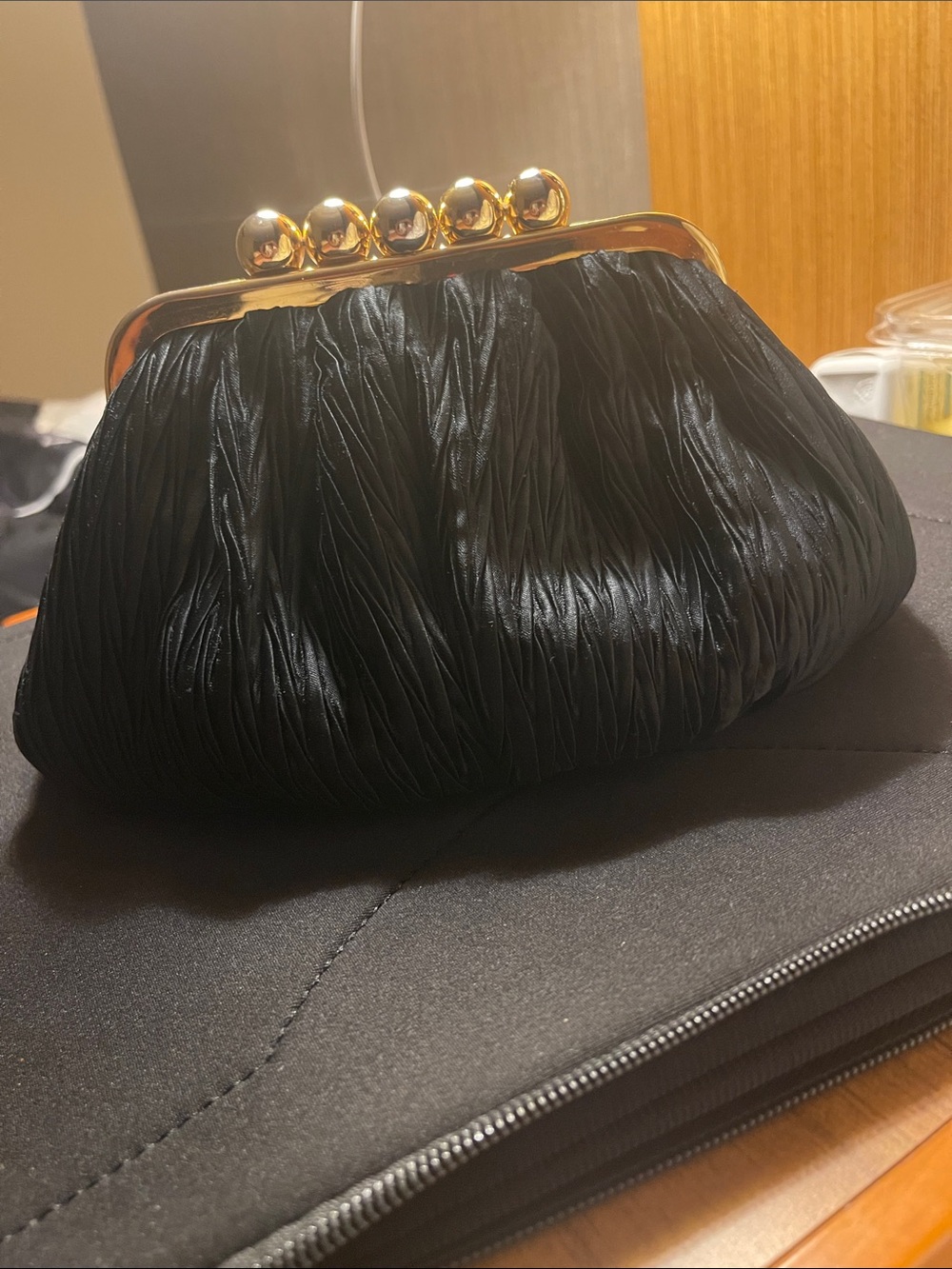 Classy and Elegant Black Ruched Evening Clutch with Gold Frame